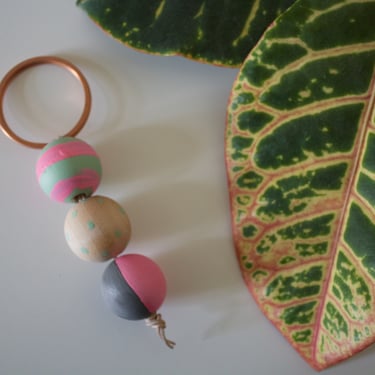 Painted Wooden Beaded Brass Keychain 
