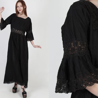 All Black Mexican Wedding Dress / South American Crochet Lace Dress / Vintage 70s Ethnic Bell Sleeve Dress / Cotton Angel Maxi Dress 