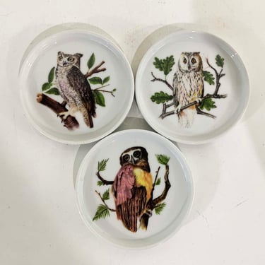 Vintage Owl Coasters Bareuther Waldsassen Bavaria Germany Owls Stacking Coaster Set of 3 Ceramic 1970s 