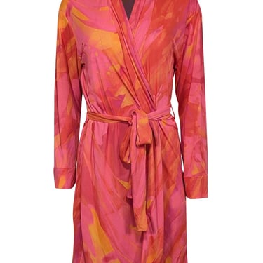 Natori - Pink & Orange Print Long Sleeve Wrap Cover-Up Sz M