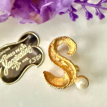 Initial S Brooch, Cultured Pearl, Vintage 50s 60s, Monogram Jewelry, Original Tag, Statement Pin 