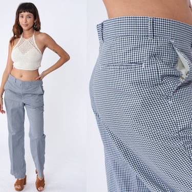 70s Gingham Pants Dark Blue White Checkered Straight Leg Trousers High Waisted Rise Vintage 1970s Retro Preppy Slacks Golf Medium 