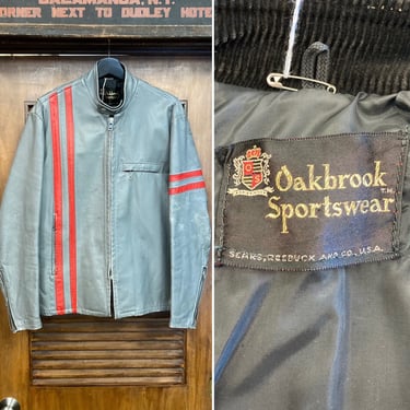 Vintage 1960’s “Oakbrook Sportswear” Grey x Red Cafe Racer Stripe Leather Jacket, 60’s Biker Jacket, Vintage Clothing 