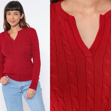 Lauren Ralph Lauren Sweater Y2K Red Cable Knit Pullover V Neck Sweater Top Preppy Tight Cotton Long Sleeve Vintage 00s Medium Petite P 