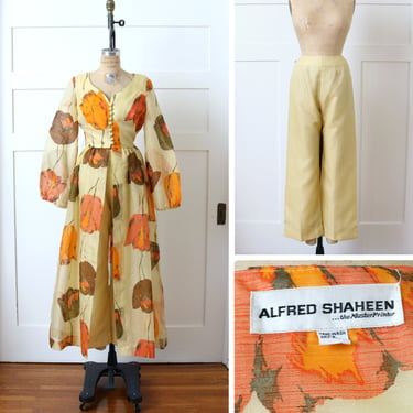vintage 1970s Alfred Shaheen tiki dress & pants set • golden floral tulip screen print hostess set 