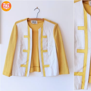 Classy Vintage 60s 70s Light Yellow Wool Knit Cardigan Jacket with Leather 