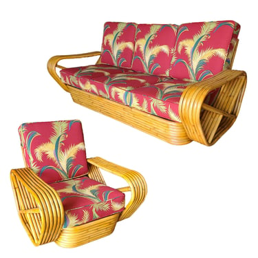 Restored Art Deco Six-Strand Rattan Sofa and Lounge Chair Set w/ Bark Cloth Seats 