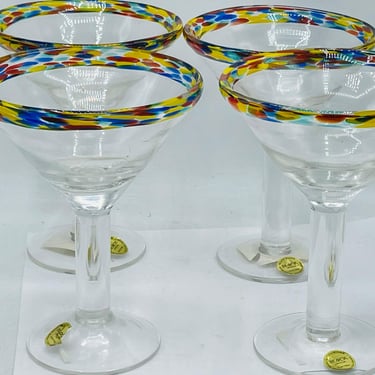 Hand Blown Confetti Swirl Rimmed Mexican Margarita Martini Glasses Block Crystal 6.5” Tall NWT 