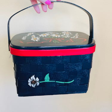 1970s Vintage Hand Painted Navy Blue Wicker Purse / 70s Red Daisy Floral Top Handle Basket Purse 