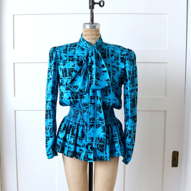 vintage 1980s silk blouse • abstract print turquoise blue peplum top with oversized bow collar 