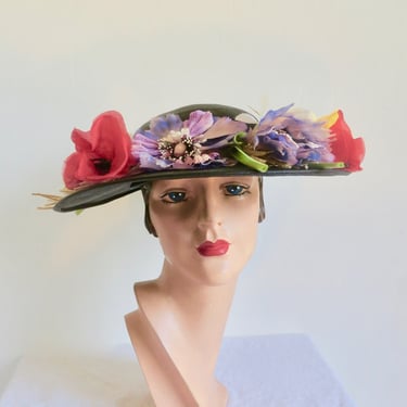 1950's 60's Black Straw Wide Brim Hat With Large Silk Flowers Garden Party Ascot Kentucky Derby Portrait 50's Millinery Louis Original 