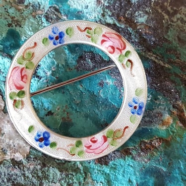 French Sterling & Enamel Pin~Signed LA MODE STERLING Vintage Brooch~Hand painted Guilloche Enamel~Pink Blue Flowers Pin~JewelsandMetals. 