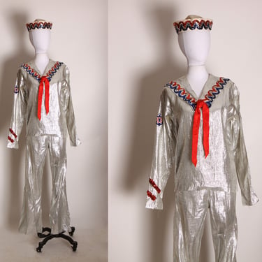 1960s Silver Lame Metallic Long Sleeve Nautical Blue and Red Sequin Sailor Top with Matching High Waisted Pants and Matching Hat Costume -S 