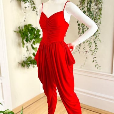 Vintage 1980s Jumpsuit | 80s NEW LEAF Red Jersey Strappy Gathered Draped Full Length Glam Disco Party Playsuit | x-small/small 