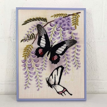 Vintage Punch Needle Butterfly Framed Wall Art Butterflies Frame Purple Needlepoint Embroidery Tufted Craft Nursery Kids Room 1970s 1980s 