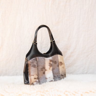 50s 60s Vintage Fur Handbag, Black Leather + Cream Beige Paneled Fur Purse, Cute Mini Purse, Top Handle Bags 