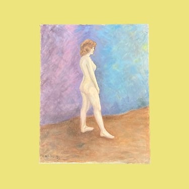 Vintage Nude Painting 1970s Retro Size 28x22 Bohemian + Nude Woman + Standing + Acrylic + Hardboard + Nudity + MCM Wall Art and Decor 