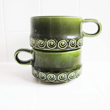 Vintage 60s Green Soup Mugs Set of 2 - 1960s Large Wide Ceramic Handled Soup Bowls 
