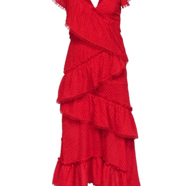 Three Floor - Red Textured Off The Shoulder Tiered Gown Sz 2