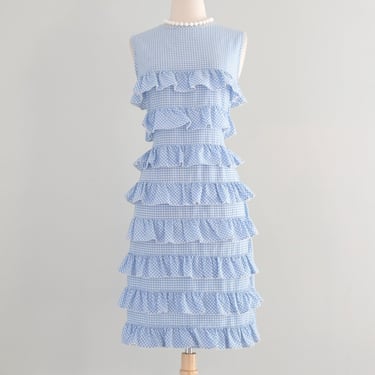 Vintage 1960's Baby Blue Gingham Shift Dress with Ruffles / M