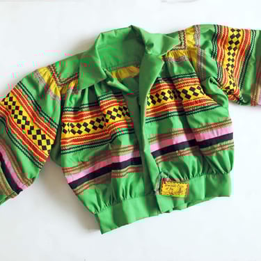 Vintage 1950s Seminole Patchwork Native American Handmade Womens Bolero Jacket Deadstock Unworn with Tags - Green Patchwork Stripe 