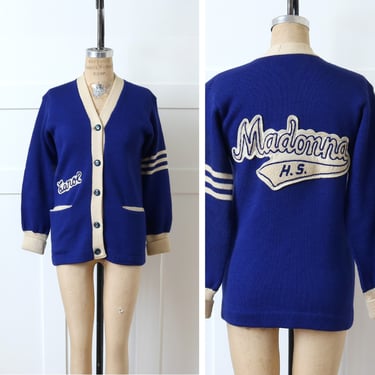 vintage 1950s women's letterman varsity sweater • Madonna Highschool Chicago blue & white wool cardigan 