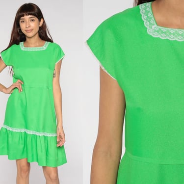 60s Dress Lime Green Dress Tiered Flounce Neon High Waisted Mini Sixties Fit and Flare Vintage Plain Cap Sleeve 1960s Bright Small S 