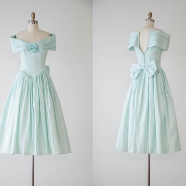 mint green dress | 80s vintage Jessica McClintock pastel strapless off shoulder big bow fit and flare tea length party gown 