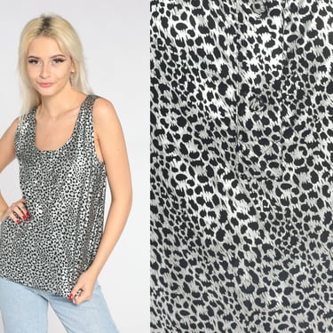 Silver Leopard Shirt 90s Metallic Tank Top Shiny Animal Print Blouse Sleeveless Button Up Tank Top Retro Glam Black Vintage 1990s Small S 