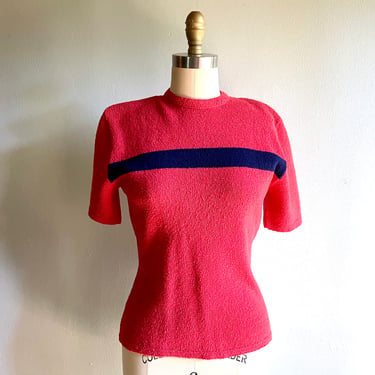 Salmon and Navy Vintage 1950s 1940s Color Block  Boucle Deco Sweater Pullover 