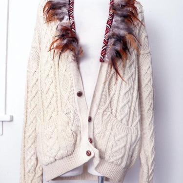 RARE The Ragged Priest 100% WOOL Cardigan Sweater Jacket Native American Indian Feathers Vintage Chunky Oversized Gothic Punk U.K. Y2K 90s 