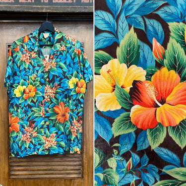 Vintage 1950’s “Pali” Floral Tiki Loop Collar Rayon Hawaiian Shirt, 50’s Vintage Clothing 