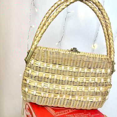 cute retro vintage wicker purse / vintage beaded handbag / 1950s purse / vintage purse / pinup rockabilly 40s 50s 60s purse mod midcentury 
