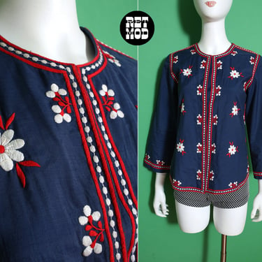 Chic Vintage 60s 70s Navy Blue & Red Flower Embroidered Blouse 