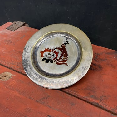 Vintage Tribal Fire Scene Plate Silver Plated Los Castillo Taxco Mid-Century Mixed Metals 