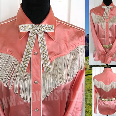 Tem Tex Vintage Western Women's Cowgirl Shirt, Rodeo Blouse, Shimmery Peach with White Fringe, Approx. Medium (see meas. photo) 