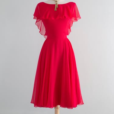 Fabulous Early 1960's Camellia Pink Silk Chiffon Party Dress By Shannon Rodgers / SM