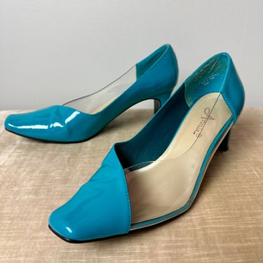 80’s clear plastic & turquoise heel 1990’s new wave funky vibes~ wide chunk heel square toe unusual design / size 7.5-8 