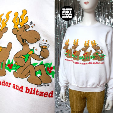 Funny Vintage 80s 90s Holiday Sweatshirt - Dasher and Dancer and Donder & Blitzed Reindeer 