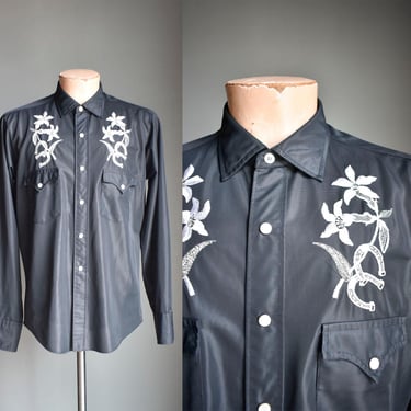 Vintage 1970s H Bar C Black Western Snap Up Shirt / 1970s Floral Embroidered Menswear Western Shirt / Vintage H Bar C Horse Shoe Snap Up 