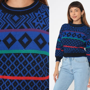 80s Pullover Sweater Bold Geometric Print Knit Blue Black Red Vintage 1980s Retro Statement Acrylic Crew Neck extra small xs 