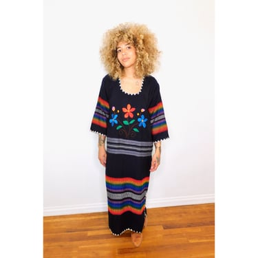 Hand Embroidered Dress // vintage sun rainbow black Mexican hand embroidered floral 70s boho hippie hippy maxi // O/S 