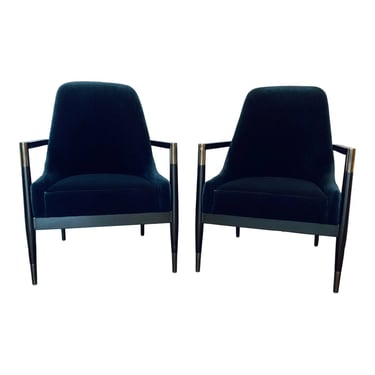 Modern Navy Blue Velvet Slope Lounge Chairs Pair