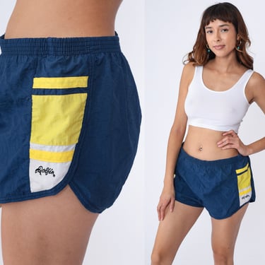 80s Dolfin Running Shorts Retro Gym Dark Blue Striped Yellow High Waisted Retro Jogging Dolphin Shorts 1980s Hot Pants Nylon Men's Medium 