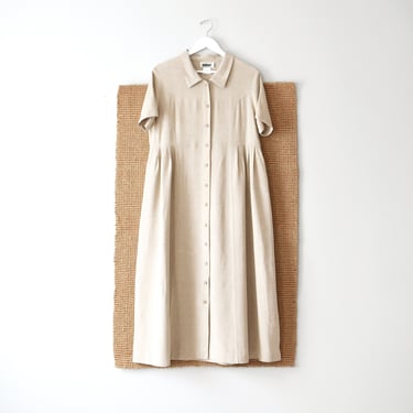 vintage linen market dress, loose fit button front dress 