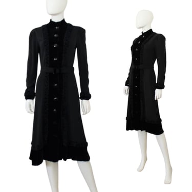 1930s Black Coat Dress - 1930s Black Rayon Dress - 1930s Velvet Dress - 1930s Black Dress - Vintage Coat Dress with Belt | Size Medium 