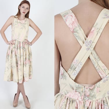 80s Romantic Country Dress / Garden Rose Floral Pinafore / Revealing Open Back Midi Mini Dress M 