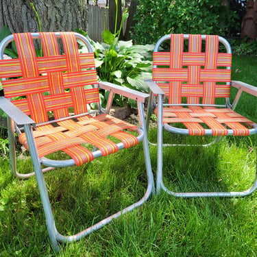 Pair of Vintage Childrens Child Size Folding Orange Strap Folding Garden/Lawn Lounge Chairs 