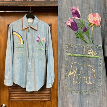 Vintage 1960’s Hippie Rainbow Elephants Chambray Work Shirt, 60’s Embroidery, Vintage Clothing 