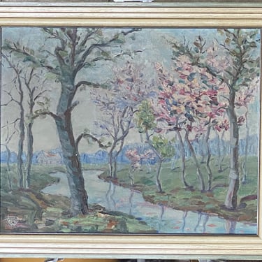 Vintage River Landscape With Blooming Trees Oil on Canvas Painting Signed 